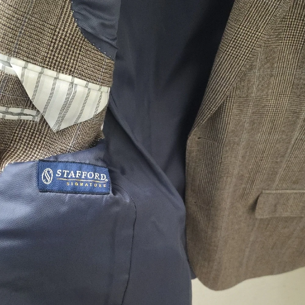 Stafford Signature 100% Wool Brown & Blue Plaid Suit 40R jacket 34×32 Pants - Picture 2 of 12